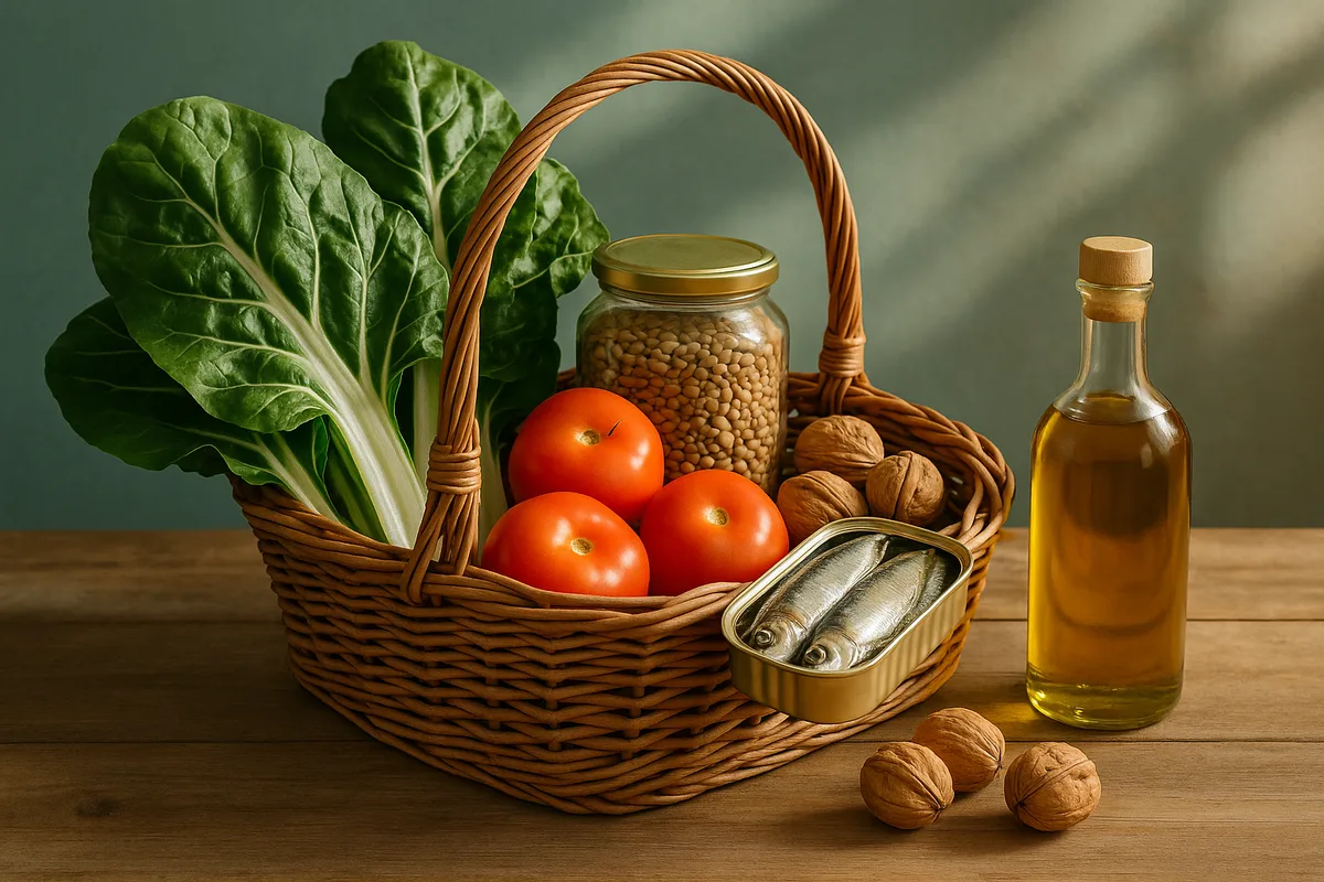 Cesta de la compra española con acelgas, lentejas, tomates, sardinas, nueces y aceite de oliva sobre mesa de madera