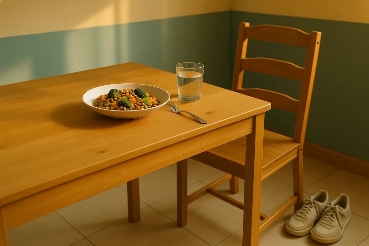 Mesa de cocina con un plato de legumbres y verdura, un vaso de agua y unas zapatillas de andar junto a la silla