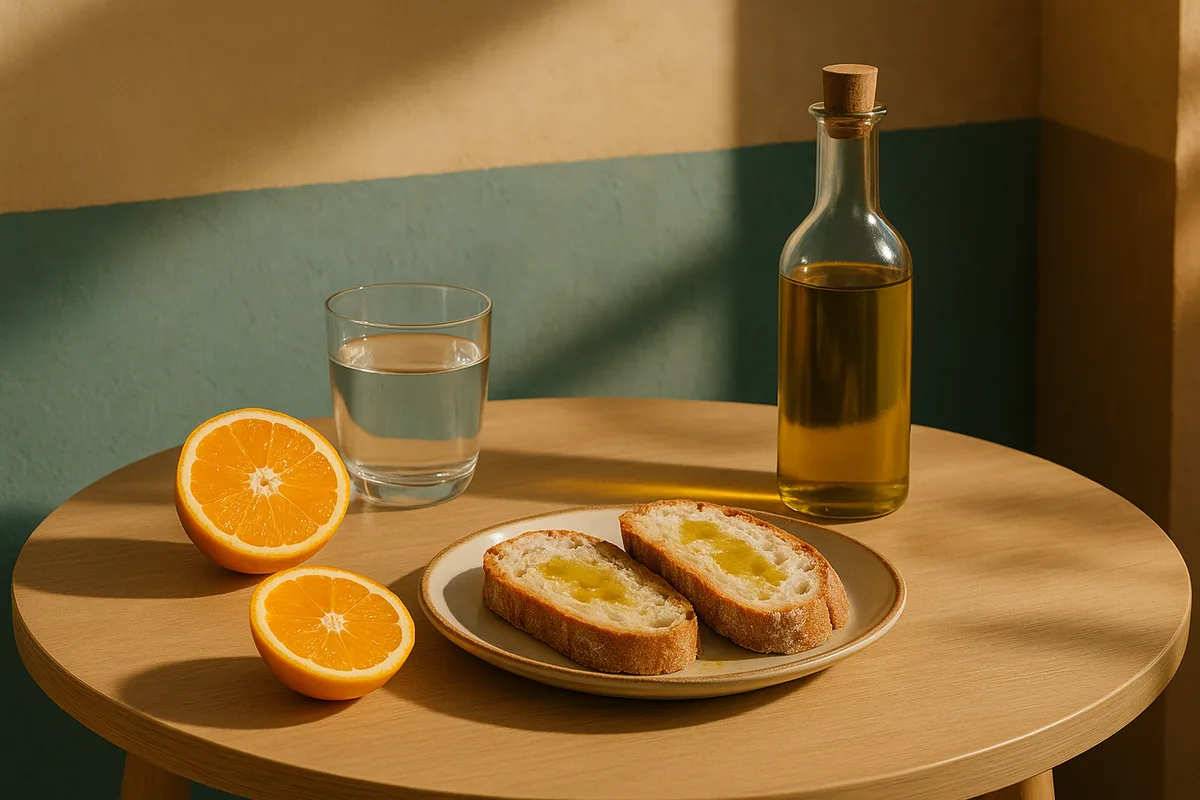 Mesa de desayuno española con pan, aceite de oliva, una naranja partida y un vaso de agua, bodegón editorial sin personas