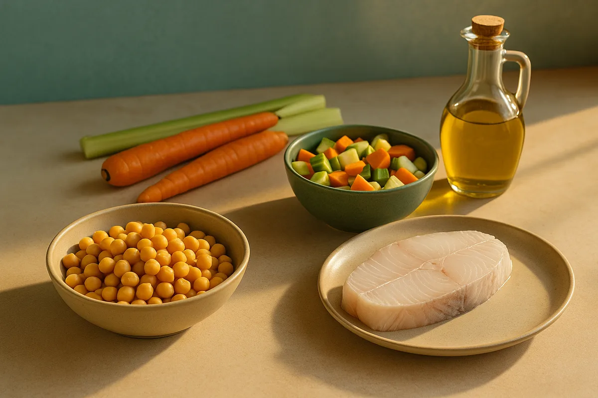 Encimera con garbanzos cocidos, merluza fresca, verduras troceadas y aceite de oliva preparados para cocinar