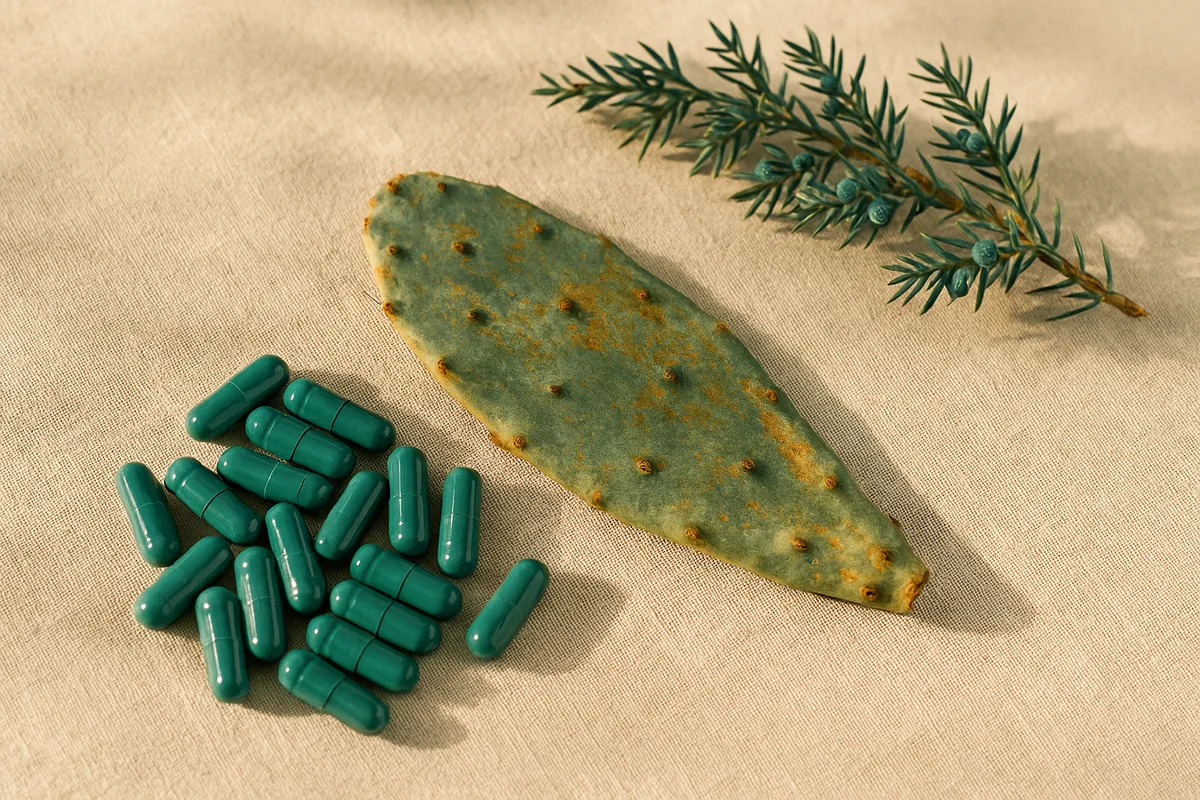 Cápsulas sin marca junto a una hoja de nopal seca y una rama de enebro sobre lino claro