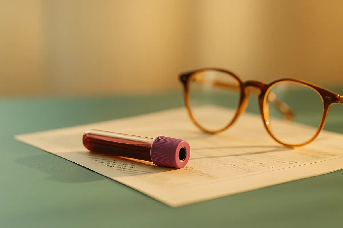 Tubo de sangre con tapón morado sobre un informe de analítica, junto a unas gafas de leer