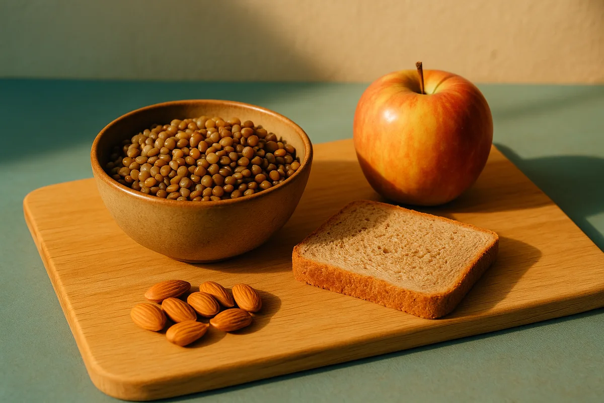Cuenco de lentejas cocidas, manzana, rebanada de pan integral y un puñado de almendras sobre una tabla de madera
