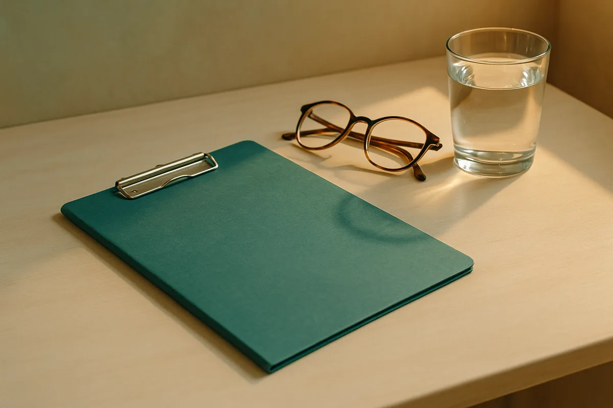 Carpeta de informes médicos cerrada sobre una mesa clara junto a unas gafas y un vaso de agua
