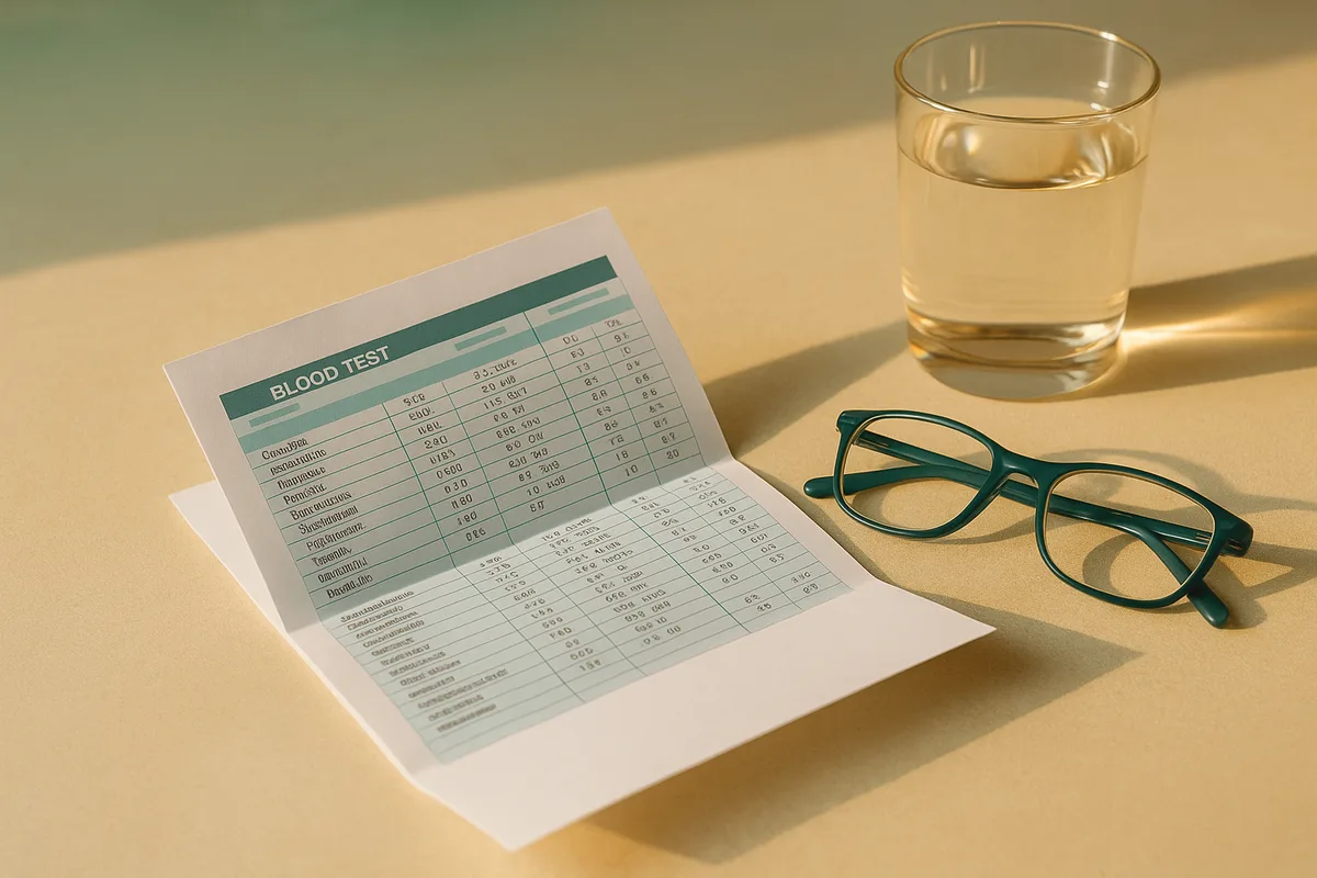 Informe de analítica de sangre doblado sobre una mesa clara junto a unas gafas de leer y un vaso de agua