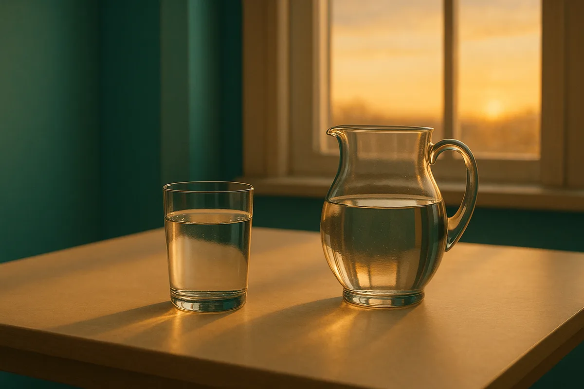 Vaso de agua grande y una jarra sobre una mesa junto a una ventana al atardecer