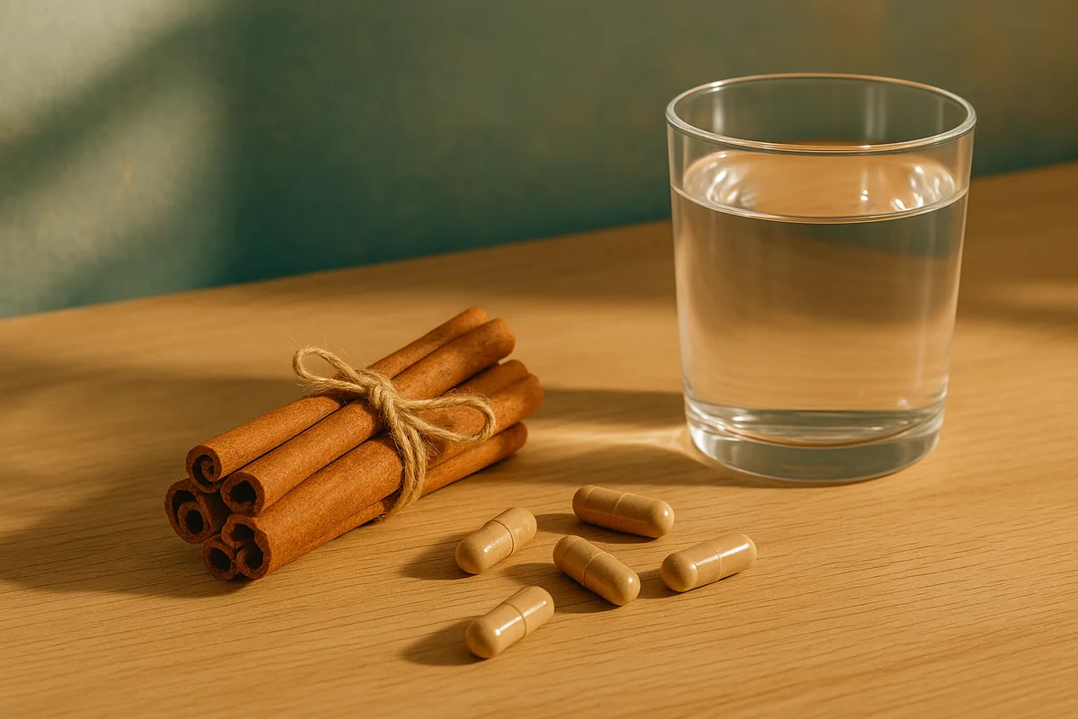 Bodegón editorial con ramas de canela, cápsulas sueltas y un vaso de agua sobre una mesa de madera clara