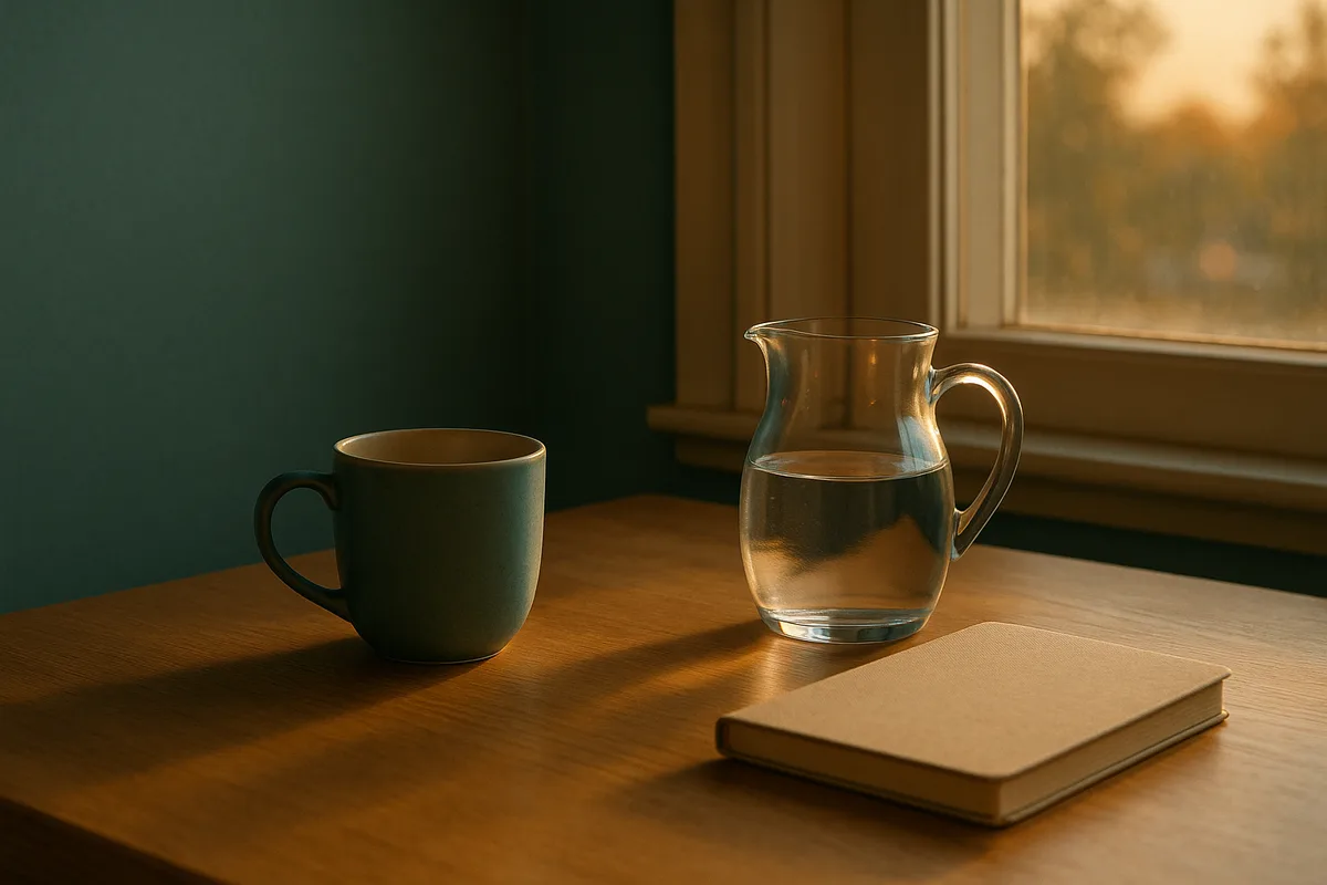 Mesa de desayuno recogida con una taza vacía, una jarra de agua y una libreta cerrada junto a la ventana